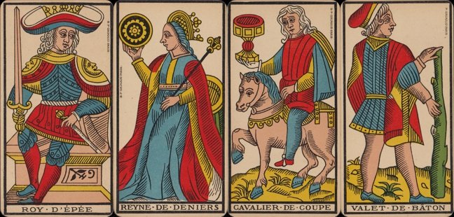 Milanese, Marseillais and Flemish Tarot decks: court cards
