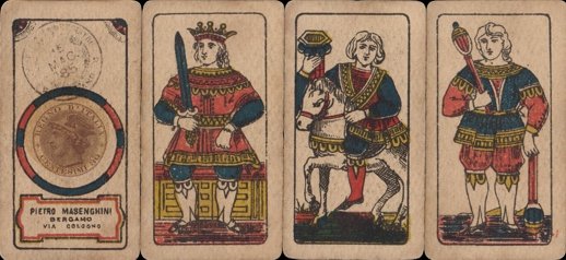 Bergamo-style (or Bergamasche) playing cards, full-length figures